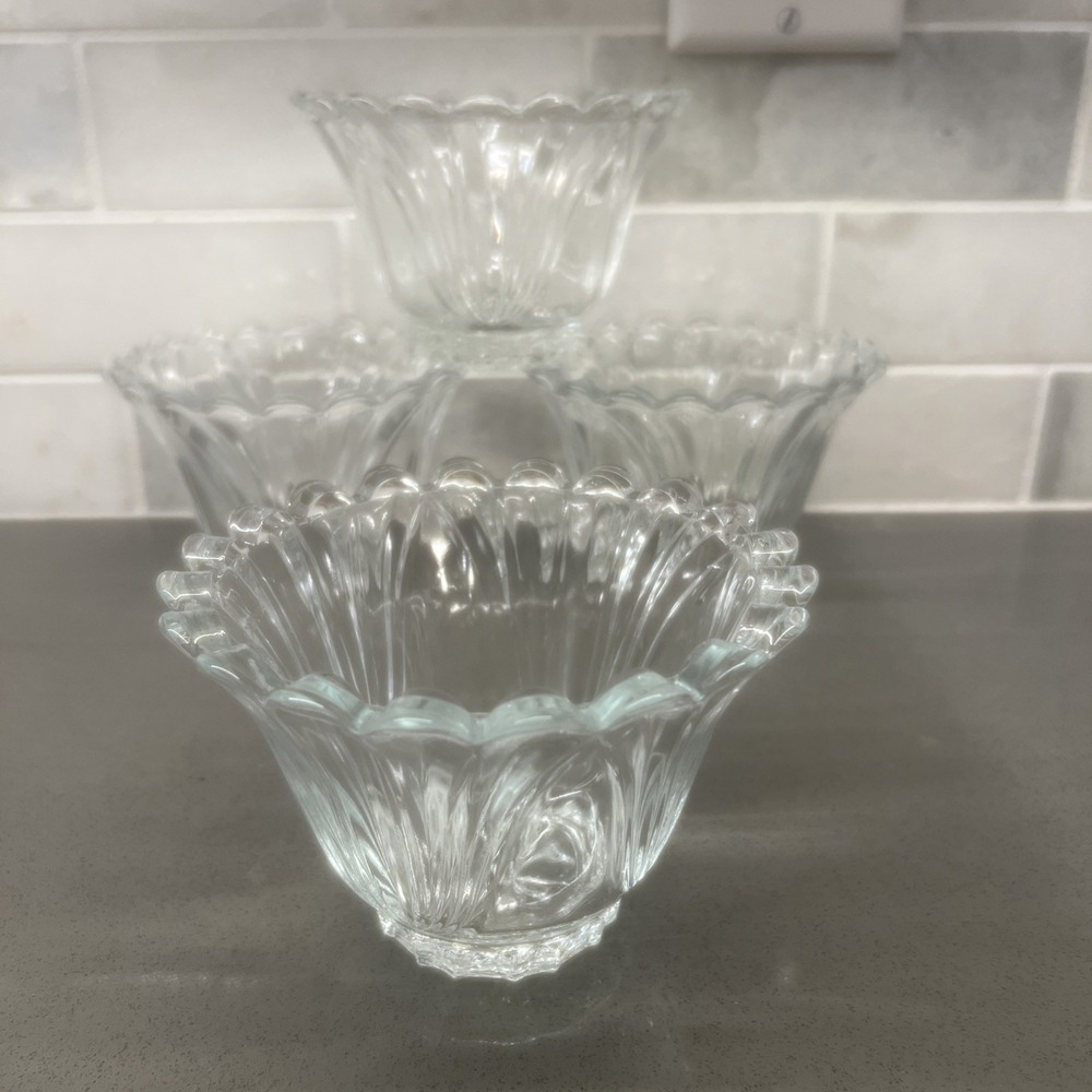 4-Vtg Kig Indonesia Clear Glass Custard Dessert Bowls Scalloped Rim EUC